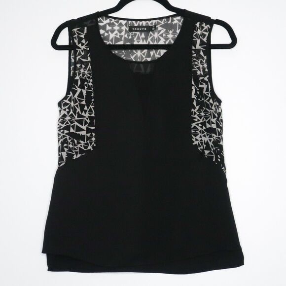 Trouve Womens Sleeveless Blouse Size XS‎ Black Geometric Sheer Office Career - Picture 1 of 6